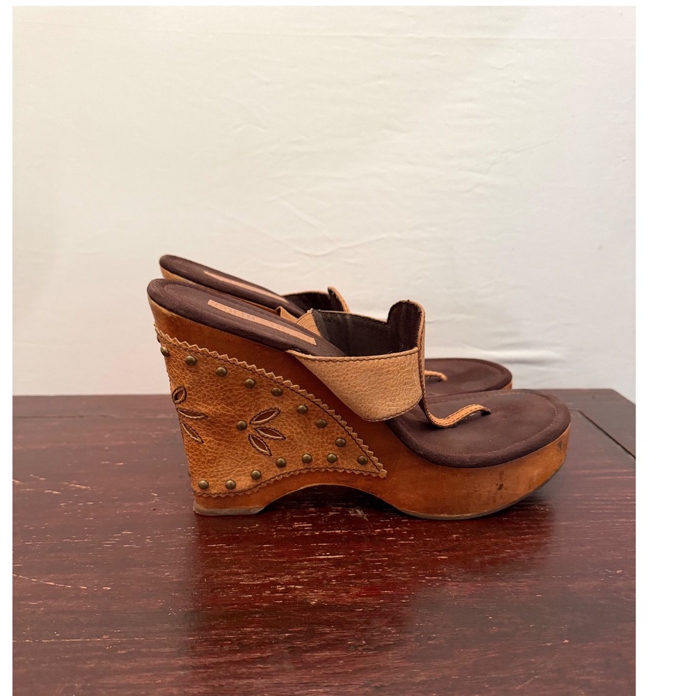 Colin Stuart Sandals Platform Wedge Boho Studded Tan Brown Leather Women Size 11